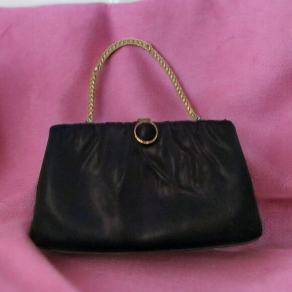 Unbranded Handbags - Vintage Black satin clutch handbag purse bag clasp retractable Chain Handle AsIs